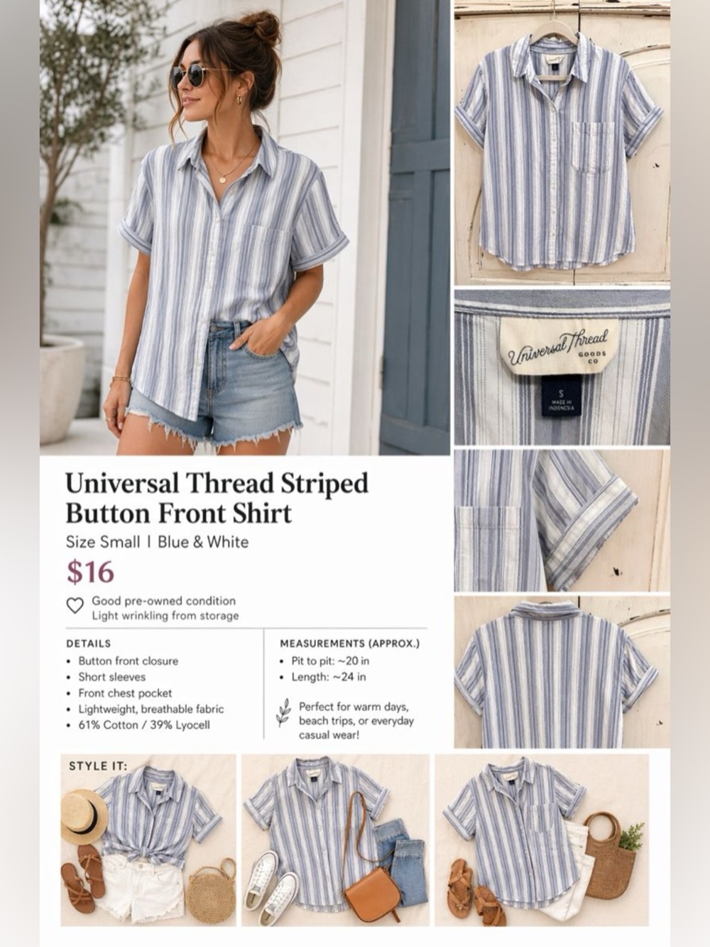 Universal Thread Striped Button Front Shirt Size Small Blue White Short Sleeve